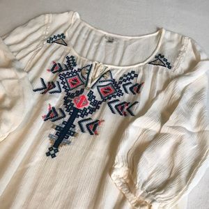 Cross-stitched tribal print off-white blouse